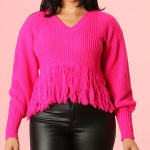 Vibrant Pink Fringed V-Neck Sweater